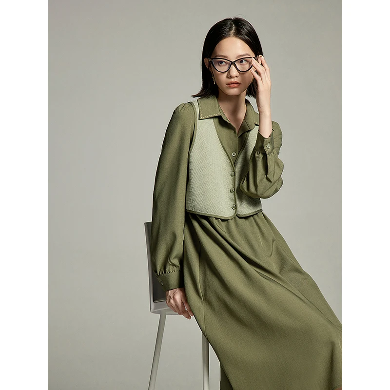 Toyouth Women Two Piece Dress Set with Vest 2023 Autumn Long Sleeve Polo Neck A-shaped Loose Fashion Advanced Green Long Skirt