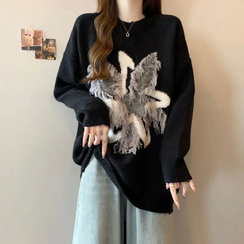 Women's New Round Neck Off Shoulder Sleeves Heavy-duty Knitted Long Sleeved Pullover Korean Loose Sweater for Women