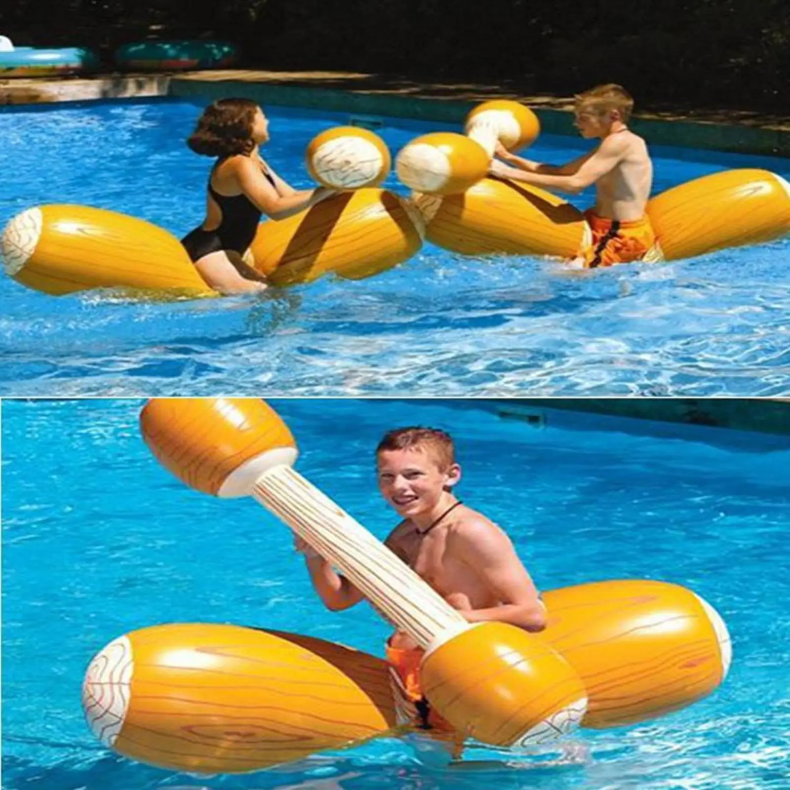 Inflatable Water Canoe Battle Toy Game with 2 Wood Pattern Hammers for Pool Party Kids Teens Adults Summer