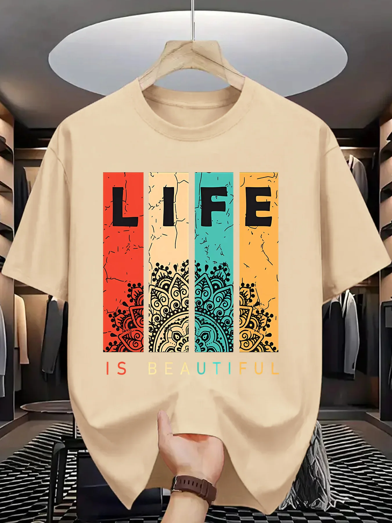 Herren Vintage Mandala LIFE IS BEAUTIFUL Grafik-T-Shirt Retro Farbblock-Streifen-Print T-Shirts Sommer Lässig Kurzarm Schwarz Baumwolle – Detail 6