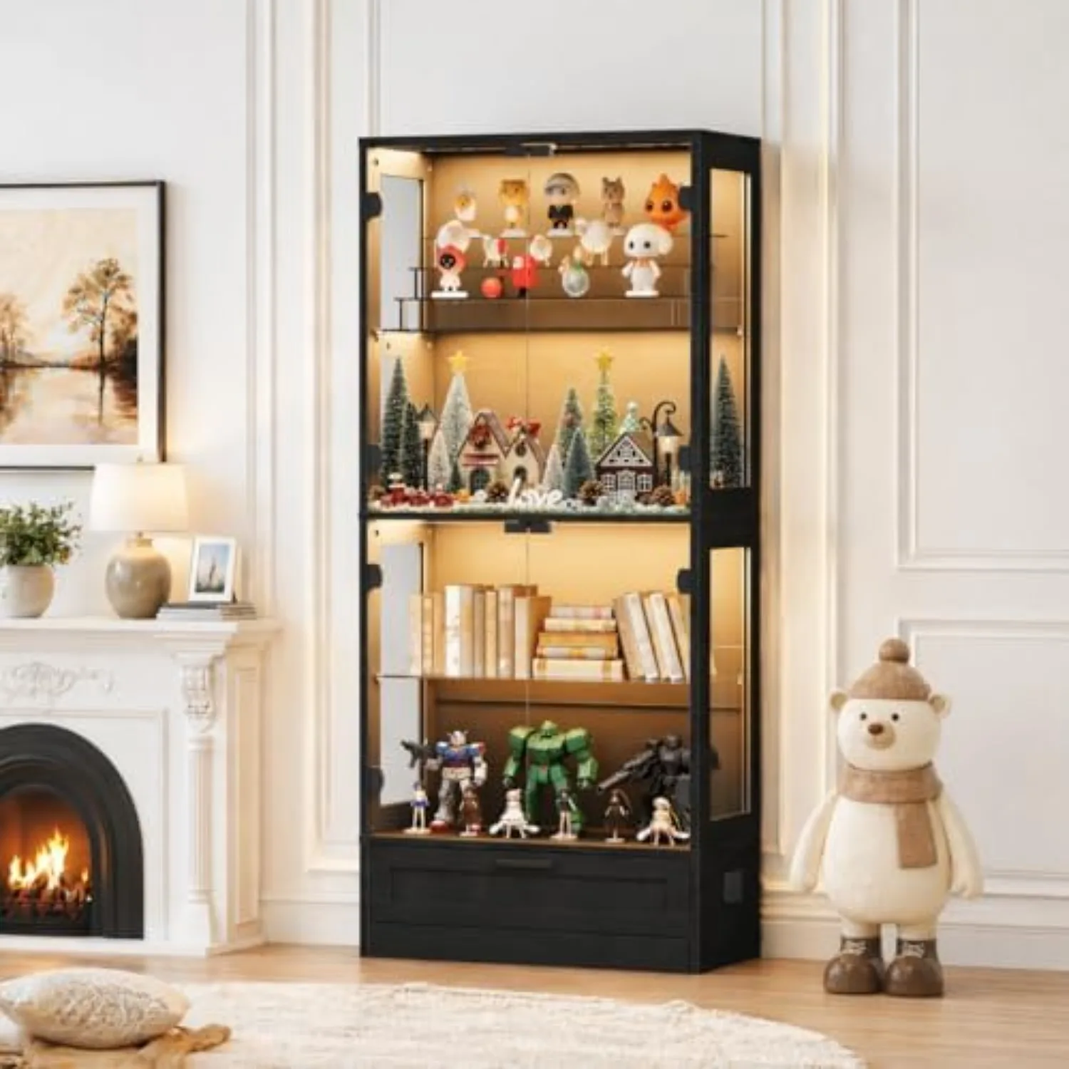 Glass Display Cabinet, 4-Tier Showcase with Drawer and Acrylic Layers, Glass Display Case & Bookcase with Human Body