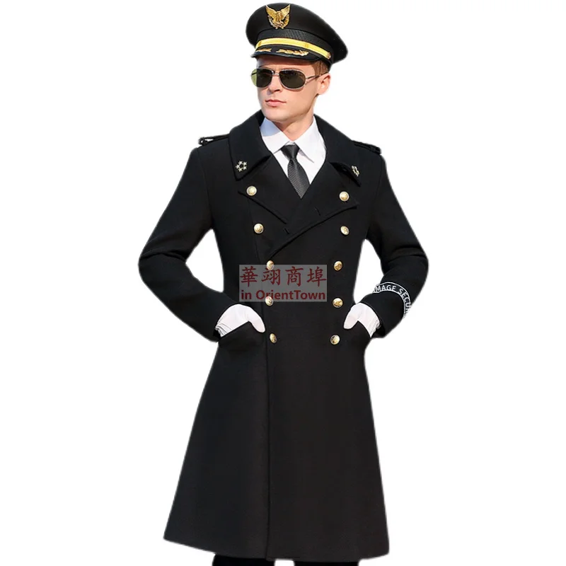 Woolen General Coat Men\'s German Officer Autumn Winter Uniform Mid length Double breasted Black Wool Greatcoat Coat Tops