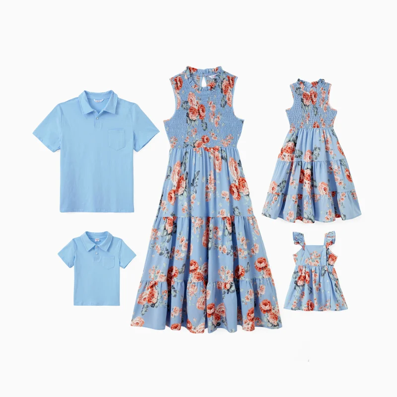 PatPat Family Matching Sets Pure Blue Polo Shirt or Flower Floral Shirred Top A-Line Sleeveless Dress