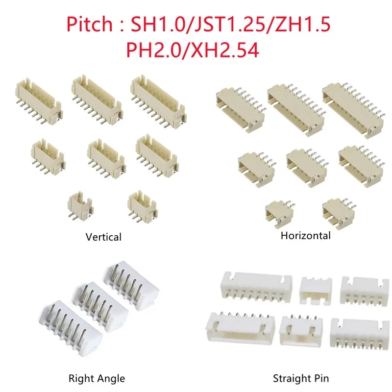 10PCS SH/JST/ZH/PH/XH Pitch 1.0MM 1.25MM 2.0MM 2.54MM Male Pin Header Socket Dip/Right Angle SMD 2/3/4/5/6/7/8/9/10/12P Pin