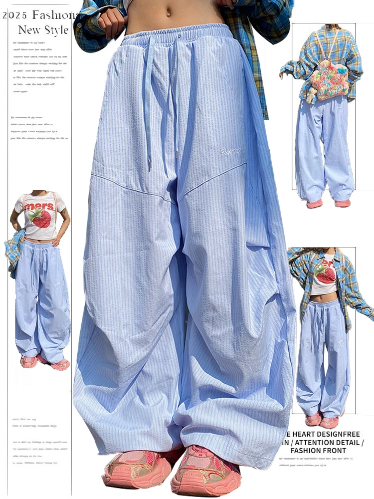 Damskie spodnie do jazzu w paski, luźne spodnie robocze, letnie, nowość 2025, zwiewne, proste nogawki, casualowe spodnie z szerokimi nogawkami.