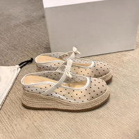 New style ~ mesh twine slope heel bow Mary Jane small people increase the height of women's slippers
