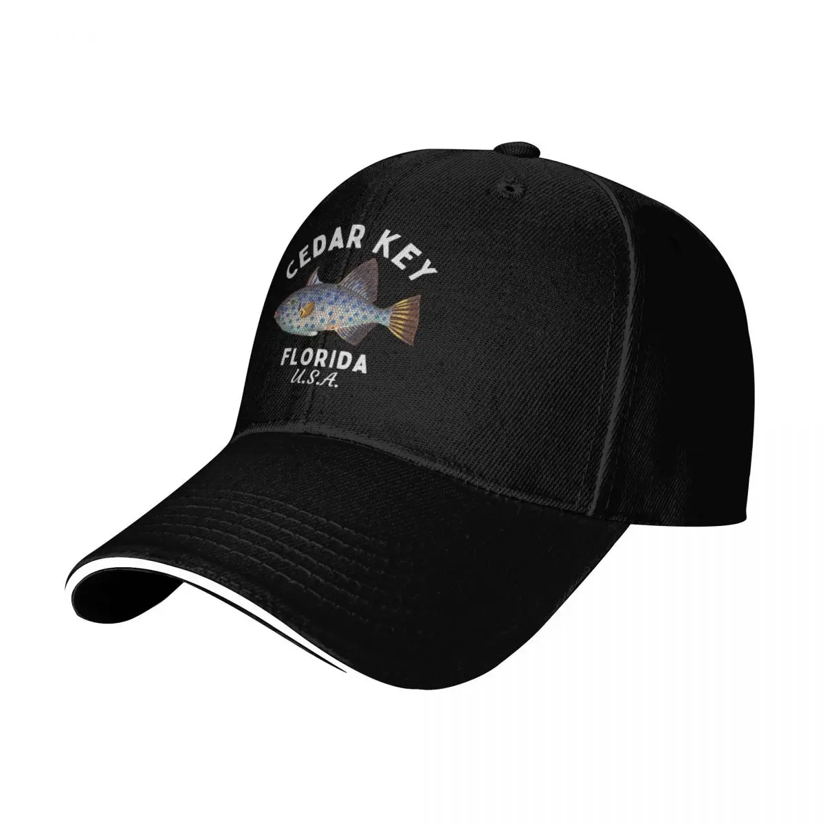 Retro Fish Cedar Key Florida- Silver Text- Island / Beach Baseball Cap Men Women Casual Summer Sport Sun Cap