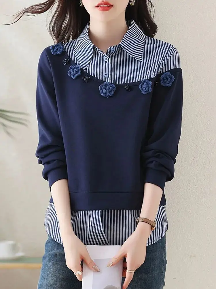 

Spring Women's Striped Fake Two-Piece Casual Top