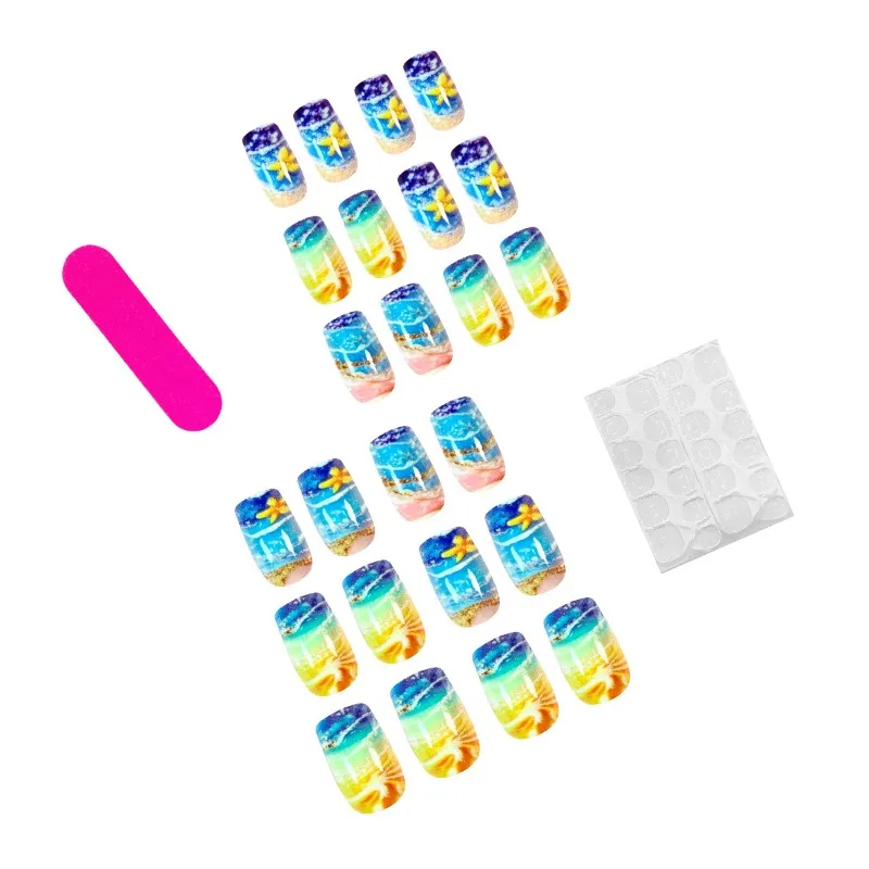 24 Uds. De uñas postizas cuadradas de longitud media para playa de verano, cobertura completa de puntas de uñas, uñas postizas autoadhesivas, removibles, 2025