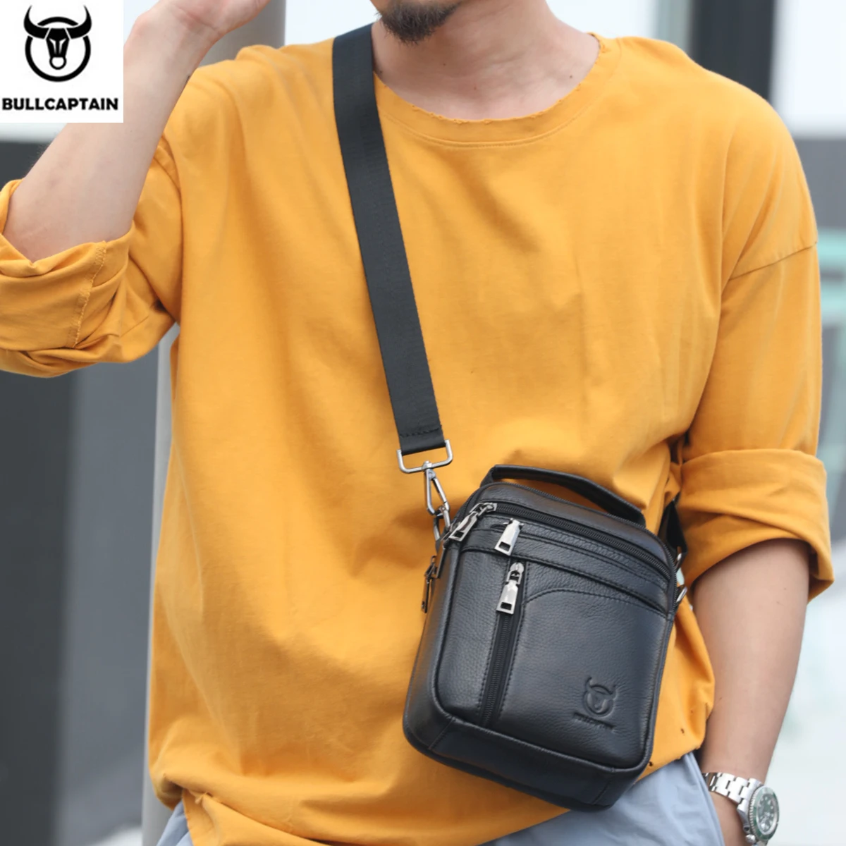 BULLCAPTAIN New Men Bag Genuine Leather Man Brand Crossbody Shoulder Bag Small Business Bags Male Messenger Leather Bags
