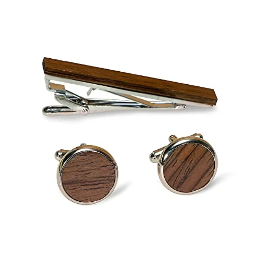 

Wooden Tie Clip Cufflink Set for Men - 2 Inch Tie Clip Round Cufflinks with Gift Box - Formal Business Wedding