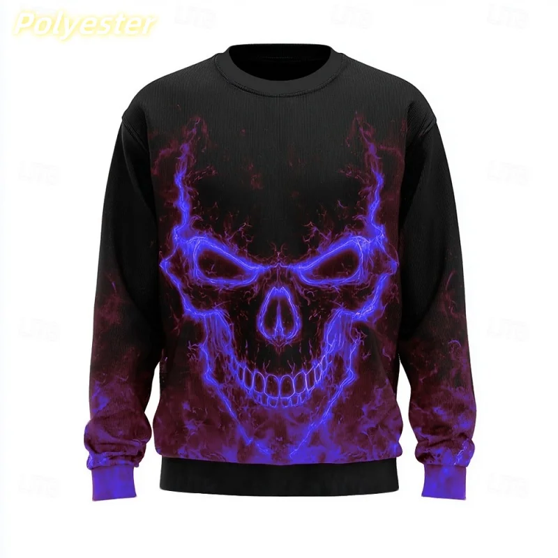 Flame Skull Pattern Hoodie For Men Skeleton 3D Printed Pullover Autumn Street Long Sleeve O-Neck Hoodies Oversized Mens clothing