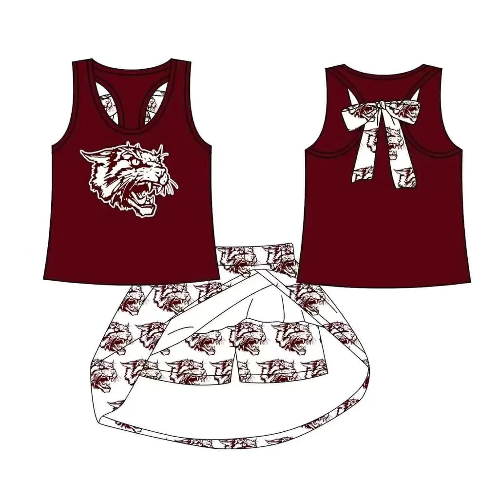 Boutique Baby Casual Skirt Outfits Girls School Team Sleeveless Vest Big Bow Clothes Kids Short Skirt Set Custom