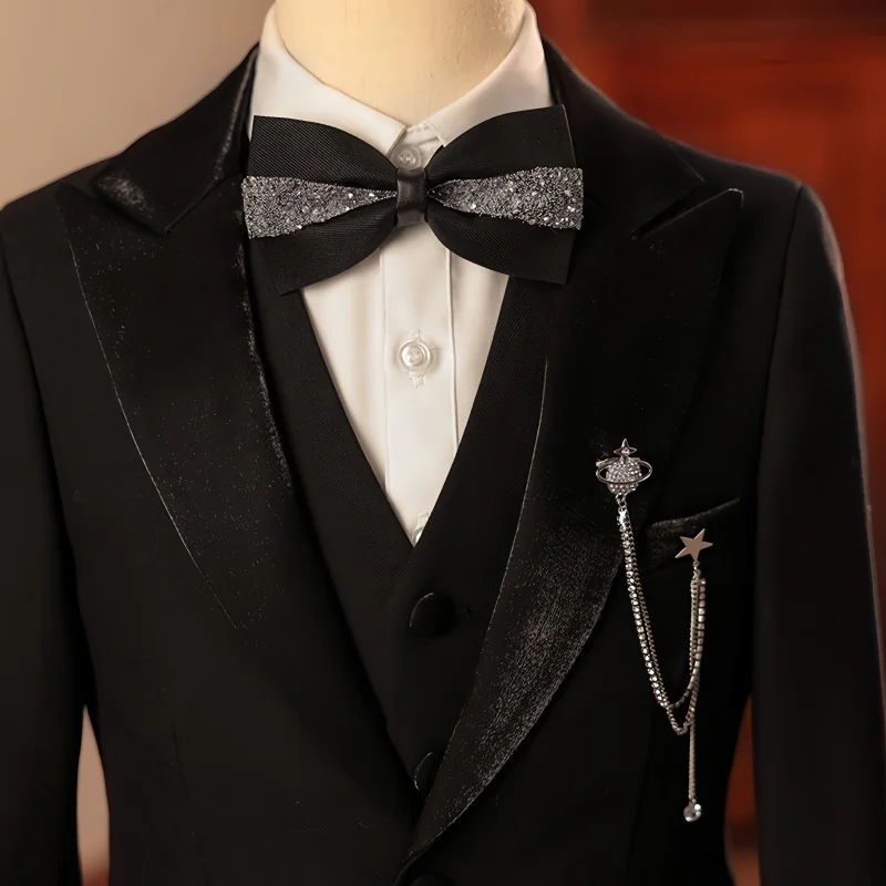 طقم بدلة للأطفال مكون من 3 قطع سترة + سترة + بنطلون لحفلات الزفاف فستان فتاة الزهور لحفلات أعياد الميلاد ملابس رسمية سوداء هدية سهرة #3