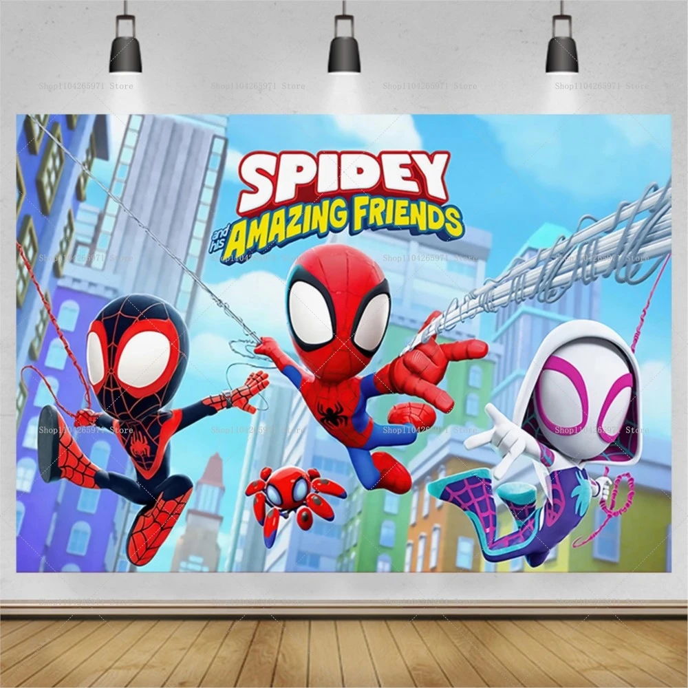 Disney Super Hero Photography Backdrop Kids Birthday Cartoon Photo Background Spidey and His Amazing Friends Photo Booth Props view 4