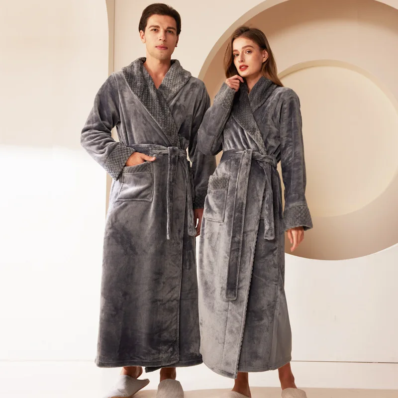 Autumn and Winter Warm Long Coral Velvet Thick Couple Solid Color Bath Bathrobes Men Women Pajamas Shower Plush Warm Long Robe