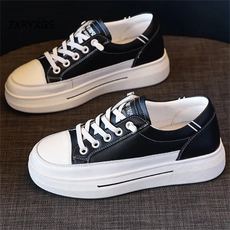 ZXRYXGS New Genuine Leather White Shoes Women Sneakers 2025 Popular Light Comfort Flat Shoes Casual Sneakers Trend Black Shoes image 2
