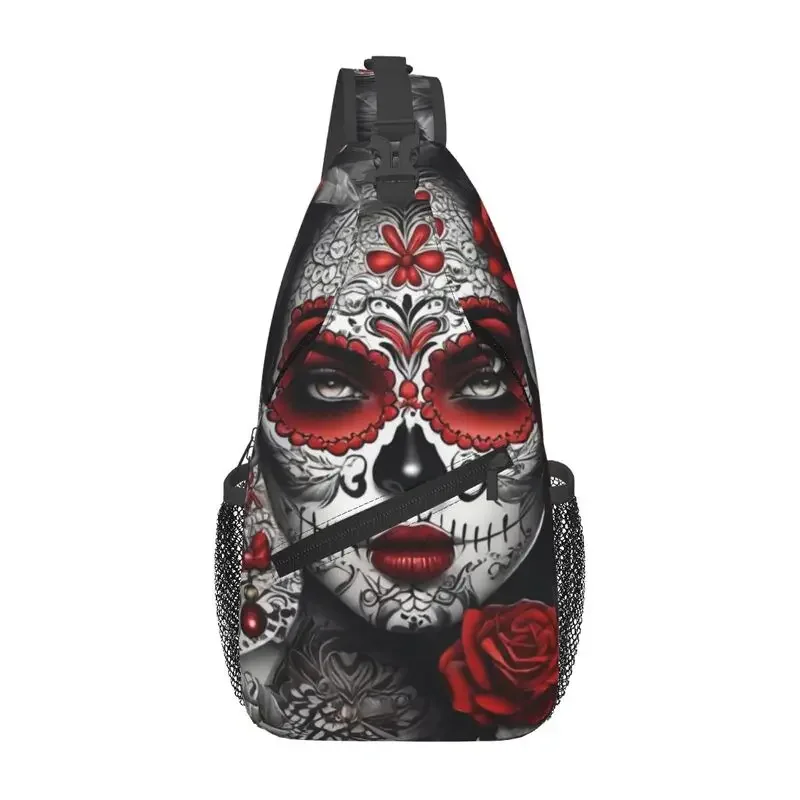 

Custom Mexican Catrina Sugar Skull Lady Sling Bags for Men Fashion Shoulder Chest Crossbody Backpack Travel Hiking Daypack