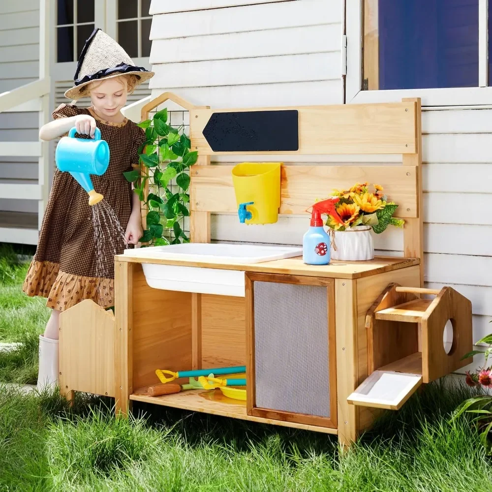 

7 in 1 Potting Bench Wooden Potting Table with Raised Garden Bed,Storage Space,Bug Catcher,Sink and Chalk Board,Planting Work