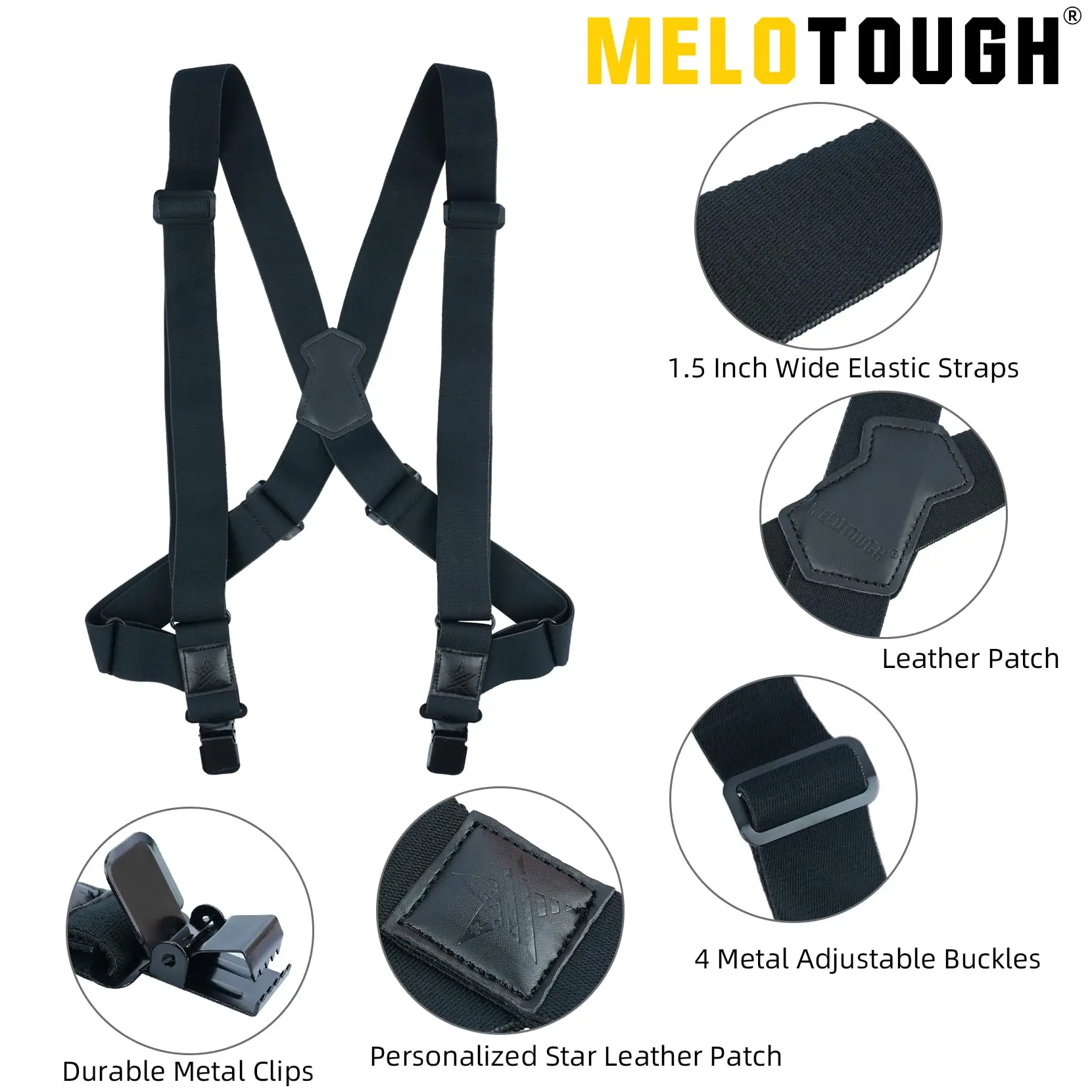 MELOTOUGH-Suspensórios de grampo lateral para homens, suspensórios elásticos ajustáveis resistentes, camionista largo, 1, 1/2"