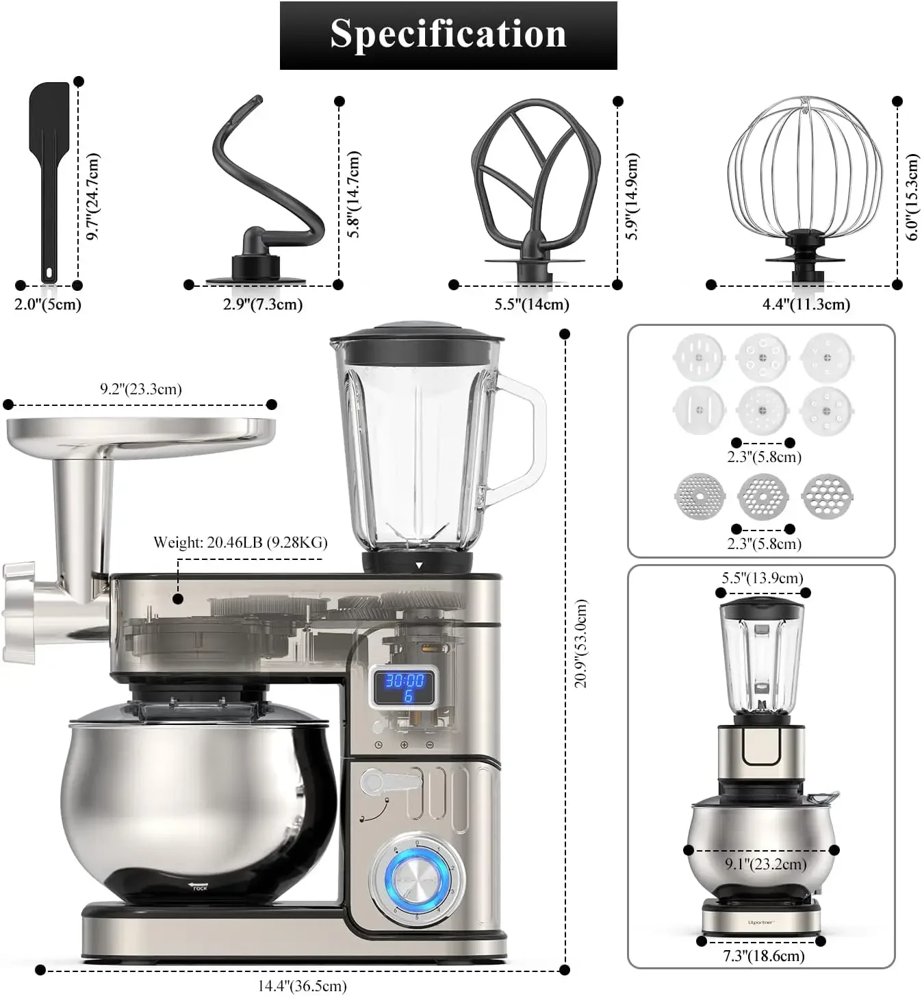 Multi-Function Stand Mixer with LCD Display, Kitchen  Mixer, 6.5QT Stainless Steel Bowl  1200W, 6 in 1