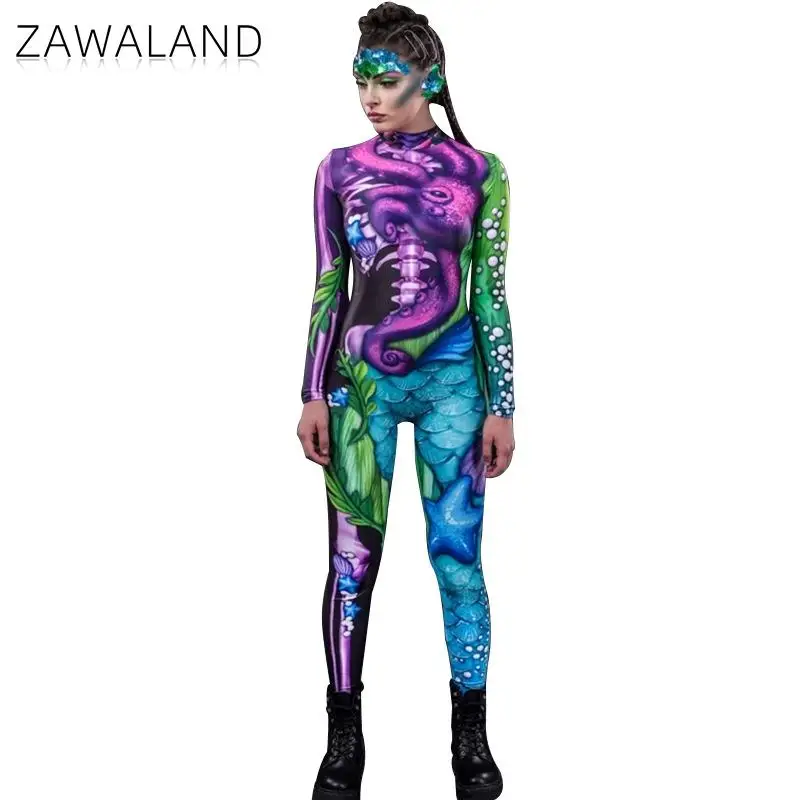 Zawaland Cosplay Kostüm Strumpfhosen Elastische Overall Zentai Frauen Body Fancy Kleid Halloween Party Kostüm Langarm Catsuit