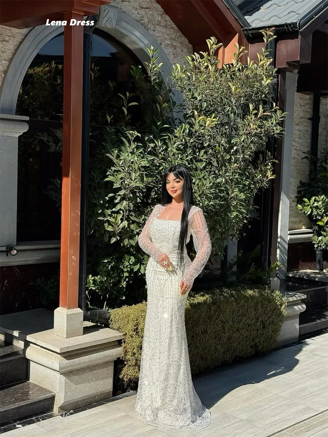 Lena Perlenkleider 2025, luxuriöse Abendkleider für besondere Anlässe, quadratischer Kragen, maßgeschneidertes Abschlussball-Luxuskleid mit langen Ärmeln