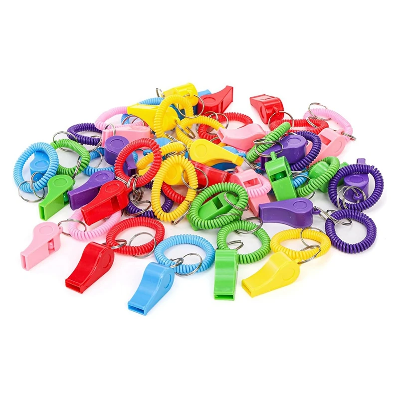 Bulk Pack Of 30 Plastic Sport Whistles With Stretchable Wrist Bracelets, Keychain Rings For Referees, Coaches