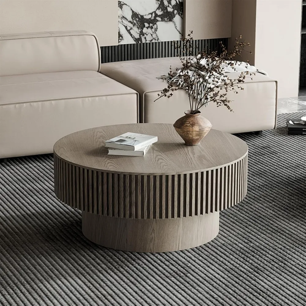 

31.5'' Grey Coffee Table Modern Handcraft Drum Round Circle Wooden Solid Wood Veneer Tea Table for Living Room Apartment (Hidden
