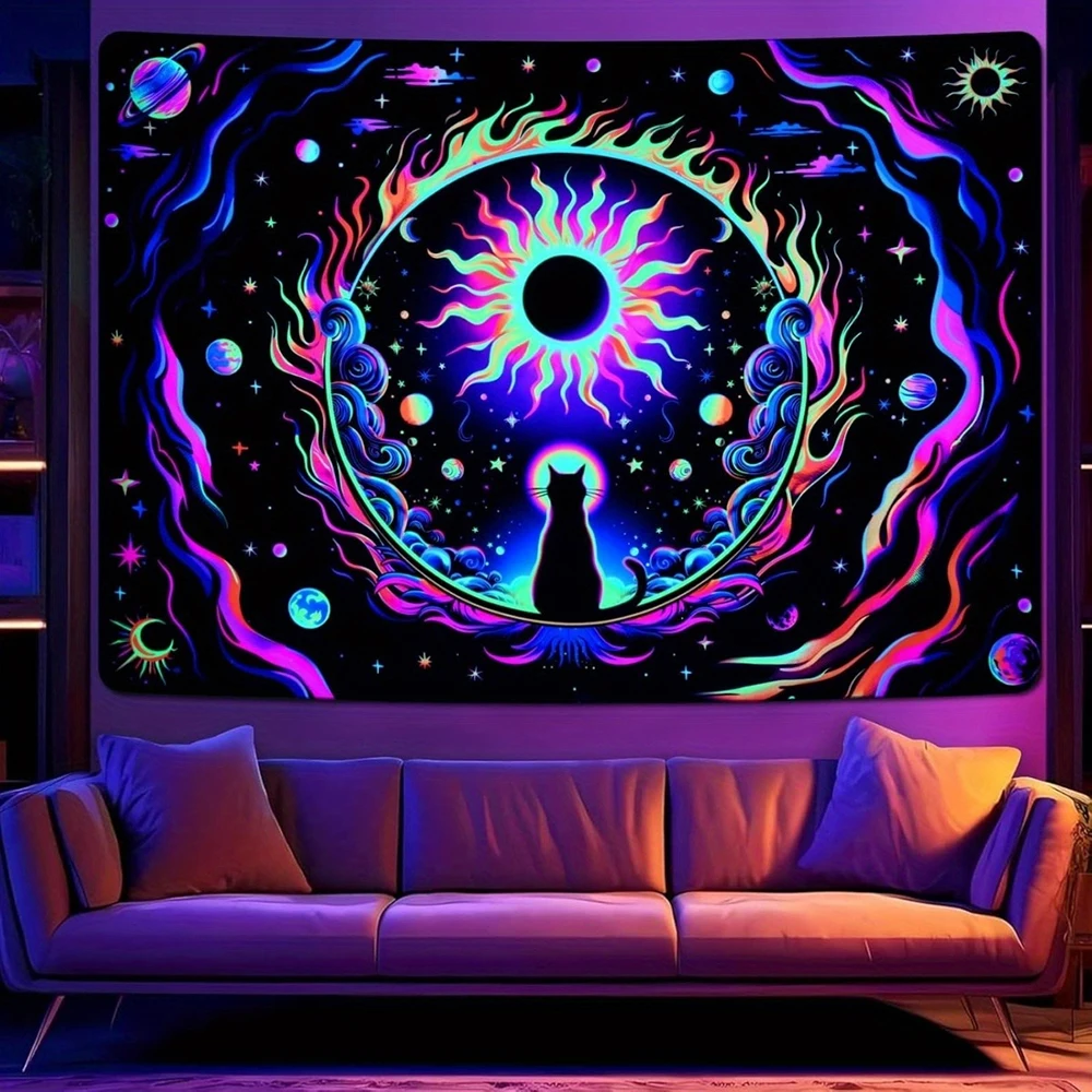 1pc Blacklight Sun and Moon Cat Galaxy Tapestry, Neon Celestial Space Wall Hanging for Bedroom Living Room Dorm Decor