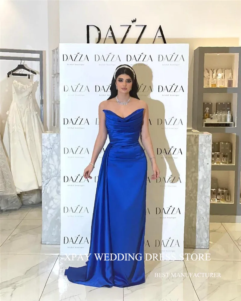 

XPAY Sexy V Neck Blue A Line Evening Dresses Dubai Arabic Women Satin Pleats Long Prom Gowns Plus Size Formal Party Dress