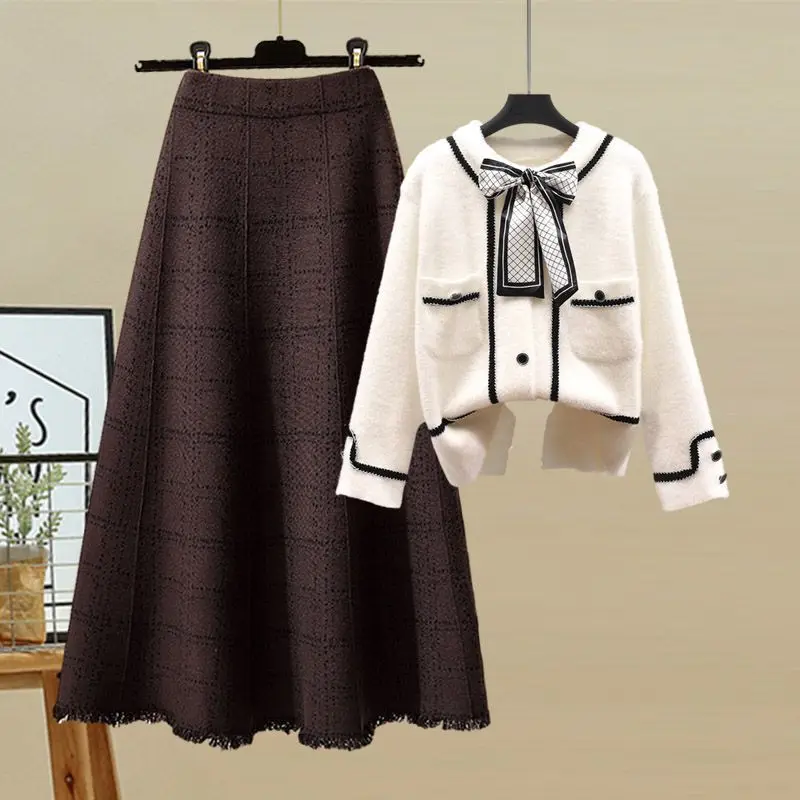 Large Women\'s Autumn Suit 2024 South Korea\'s New Fashion Bow Cardigan Plaid Skirt Two-piece Elegant Women\'s Skirt Suit