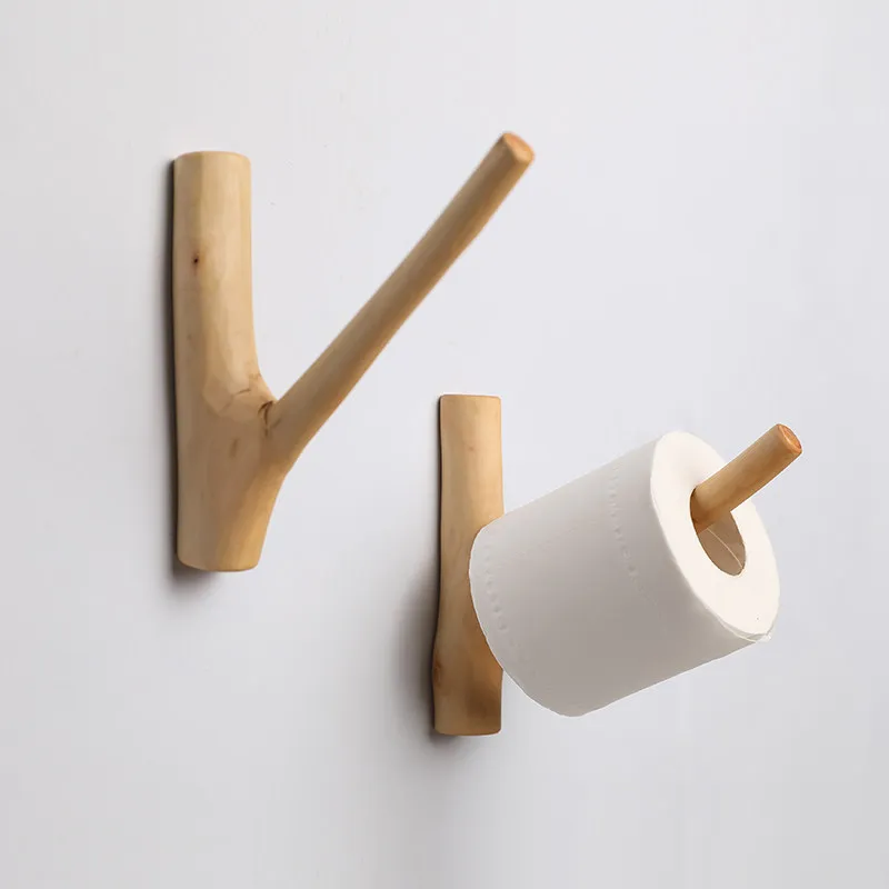 Tree Branch Roll Paper Holder Without Drilling Holes Attaching Hooks Kitchen Wall-mounted  Bathroom Toilet Wooden Tissue Holder