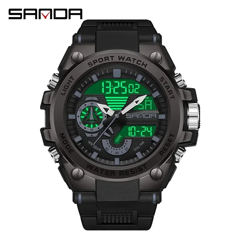 SANDA 3302 Luxury LED Dual Display Digital Quartz Watch for Men Shockproof Waterproof Sports Wristwatches Mens Reloj De Hombre