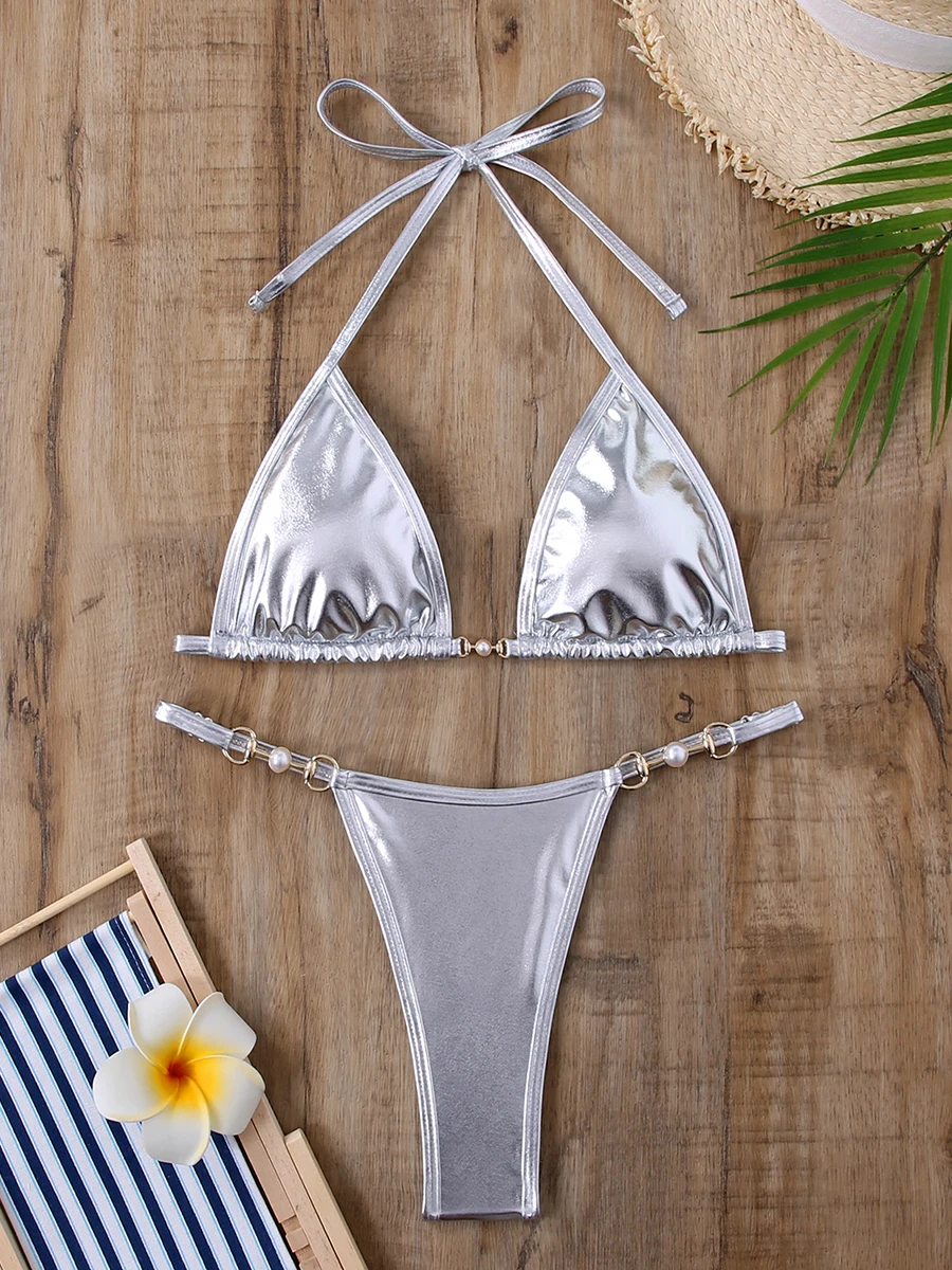 Microbikini Sexy para mujer, traje de baño metálico con cuello Halter, conjuntos de Bikini triangulares, traje de baño de Tanga para mujer, Bikini