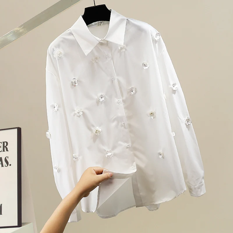 

Faionable Korean Sle Heavy Embroidery Loose Slimming Versatile irt Design Sensation Sequin Top Trendy Collar Long ...