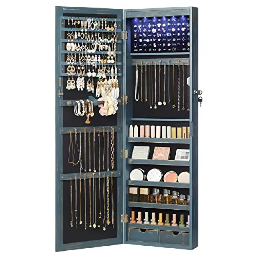 

Шкаф для ювелирных изделий с 6 светодиодами, рождественские подарки для женщин, запираемый, 47,3 дюйма, настенный/дверной органайзер для ювелирных изделий с зеркалом, 2 дракона
