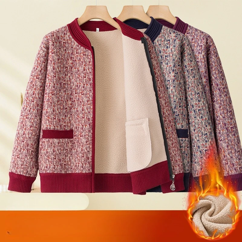 

New Autumn Winter Middle-aged Women Sweater Jacket Mother Clothes Thicke Warm Zipper Knitted Cardigan Coat Female Tops Outerwear