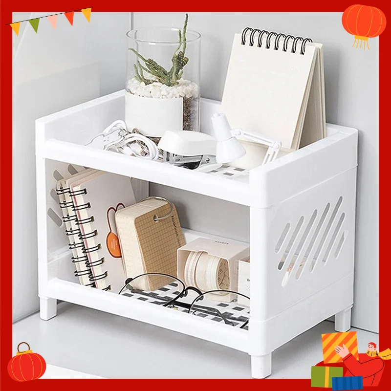 1PC PP Desktop Double Layer Storage Rack Rectangular White Organizing Student Desk Office Cosmetics Stationery
