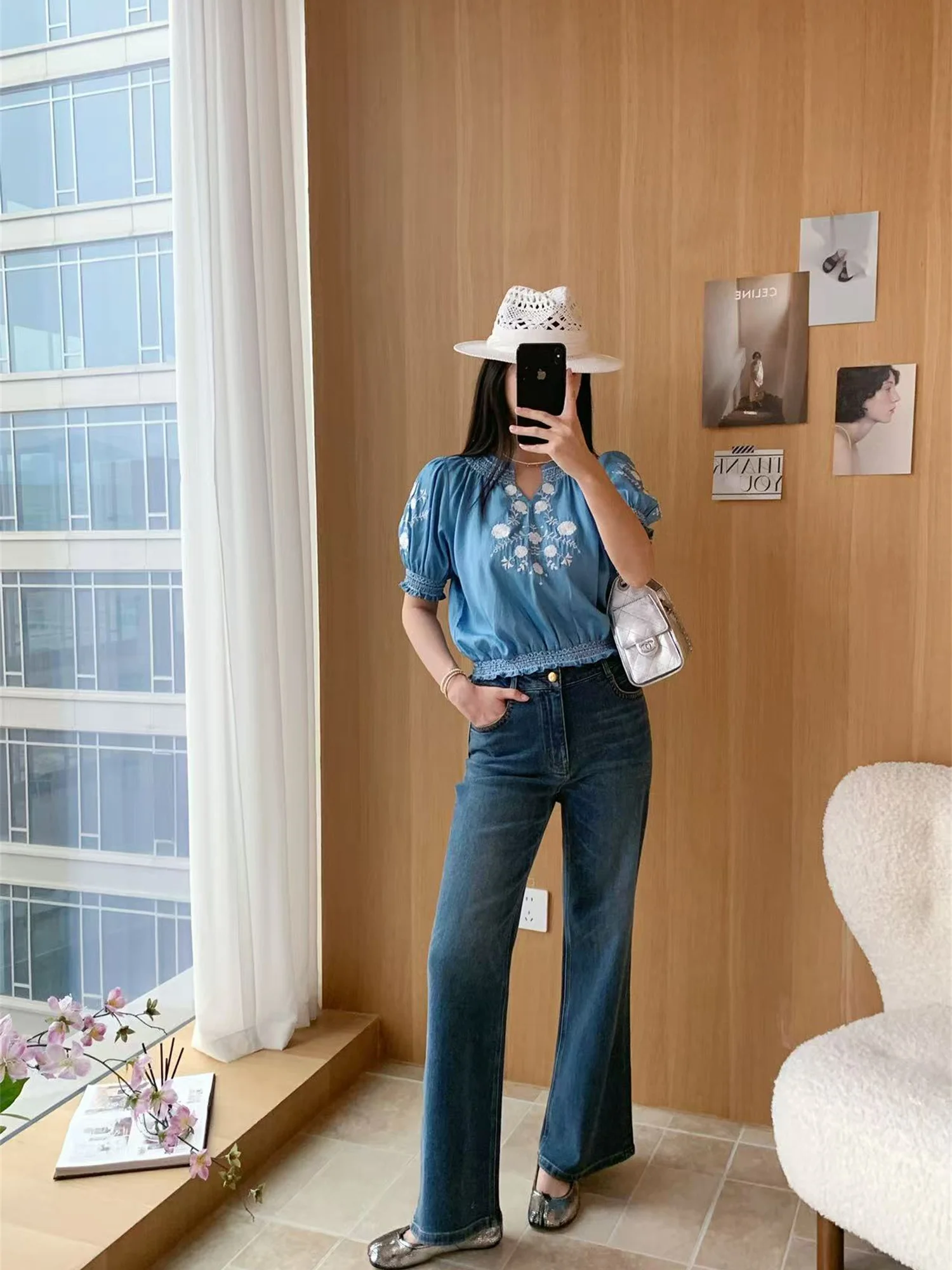 

Женские синие джинсы с вышивкой, французский крой, облегающие, из дышащего хлопка, с коротким рукавом, воротником-стойкой, два дизайна