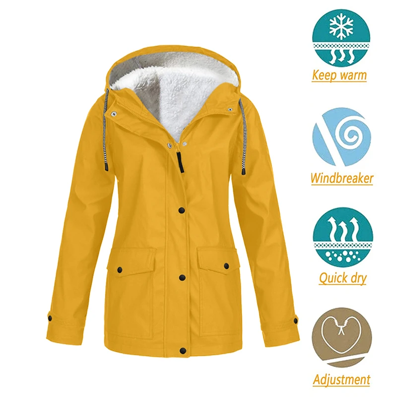 Plush Hooded Jacket for Women, Casual Coats, Windproof, Thick, Plus Velvet, Sports, Camping Jersey, Warm, Winter