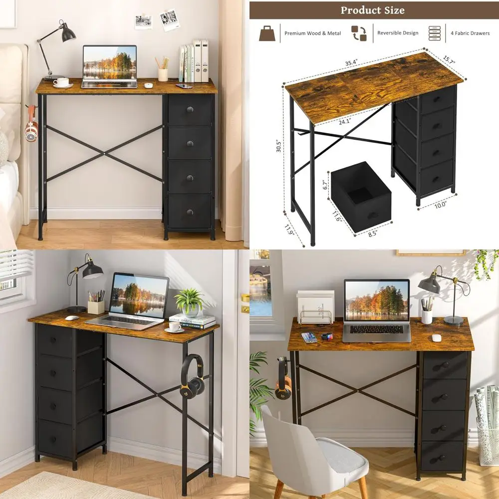 

Compact 36 Reversible Desk with Fabric Drawers, Rustic Brown, for Home Office, Kids Study, and Bedroom Storage