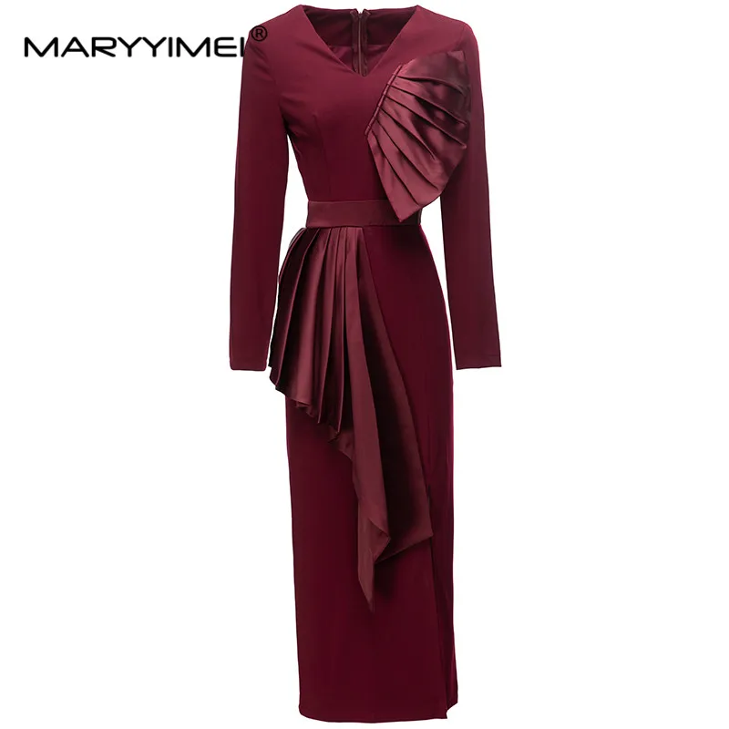 

MARYYIMEI Fashion Designer Spring Autumn Women's dress V-neck Long sleeved Ruffles Package hip Split Elegant Dresses