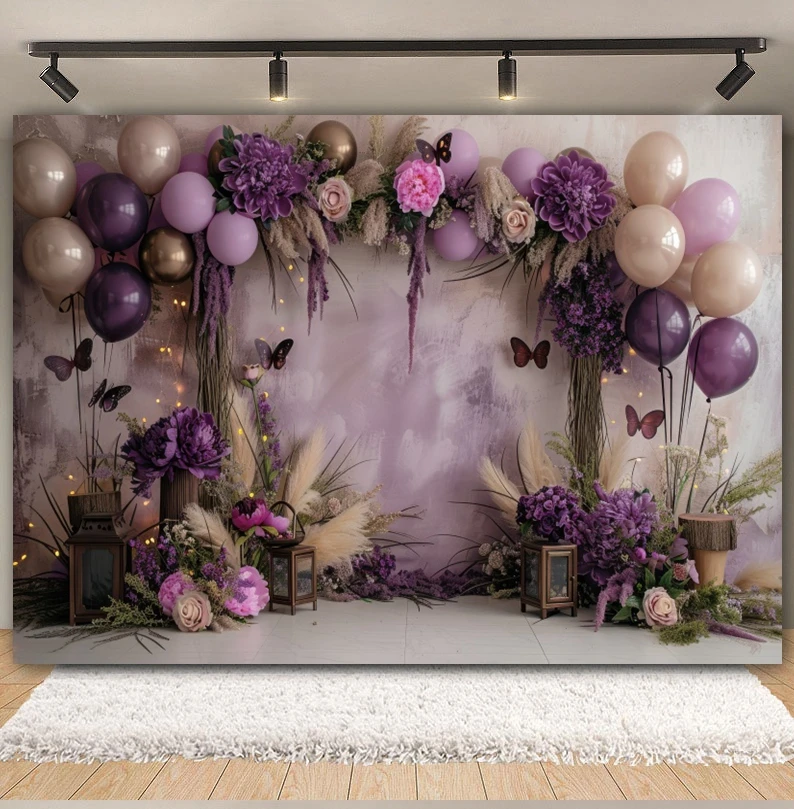 Fondo de mariposa con globos de flores moradas para bebé recién nacido, fiesta de 1er cumpleaños, pastel, Smash, fondo de fotografía de boda, estudio fotográfico