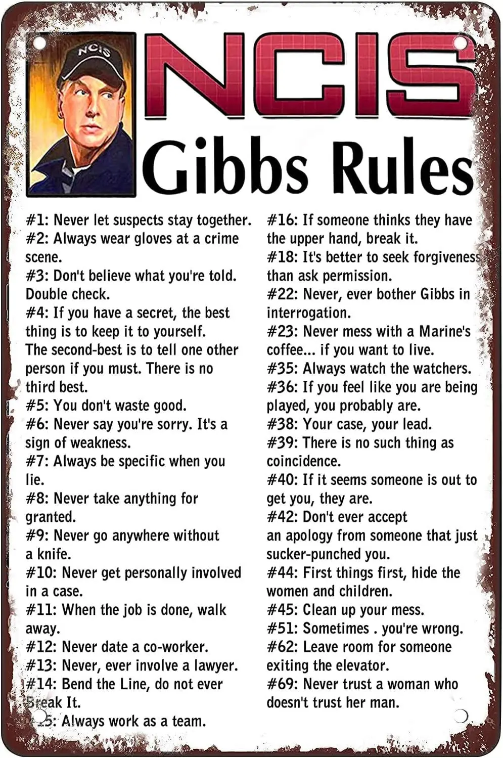 Metal sign Gibbs Rules 69 Rules Funny Garage Home Decor Bars Decor Vintage Bakery Kitchen Cafe Wall Decoration 12x8 Inches