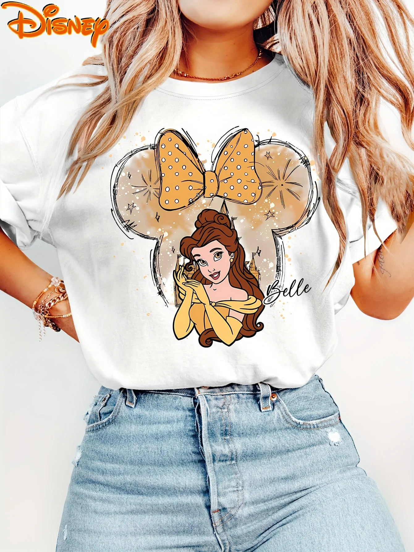 

2025 Disney Pattern Printed Women's Casual Comfortable Unique Smiling Face Black Round Neck Short Sleeve T-shirt