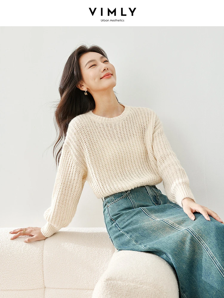 Vimly Wool Blend Apricot Crop Sweater Casual Loose O-neck Long Sleeve Top for Woman 2024 Spring Hollow Out Pullover Women 72739