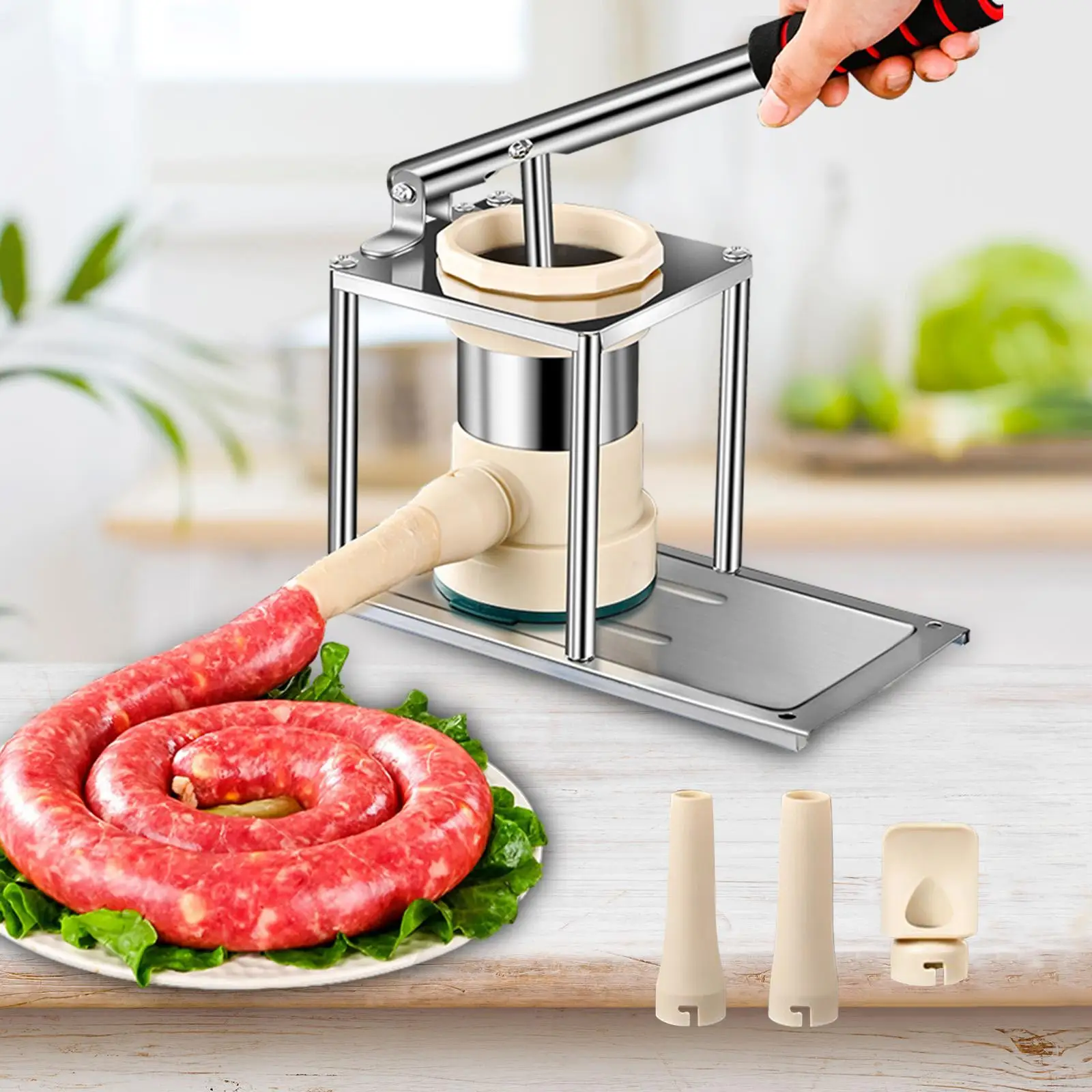 Sausage Maker Tabletop Household with 4 Attachment Manual Pork Beef Kitchen