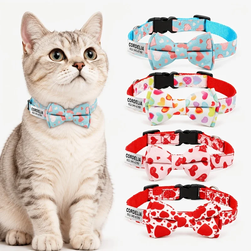 Printed Dog Collar with Custom ID Tag and Bow, Customizable Name & Phone Number Pendant Anti-Lost Nameplate
