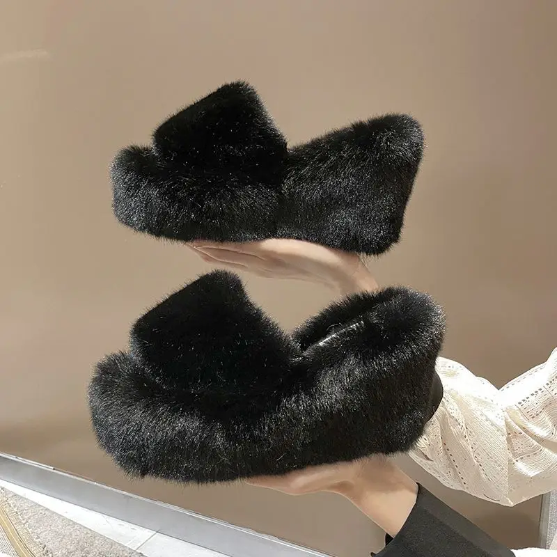 Shoes Woman 2023 House Slippers Platform Pantofle Fur Flip Flops On A Wedge Heeled Mules Flock Luxury Slides New Plush High